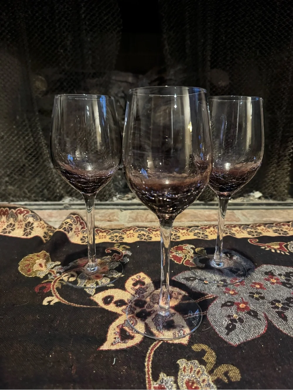 Pier 1 Imports Purple Crackle Wine Glasses Amethyst Hand Blown Clear Stem